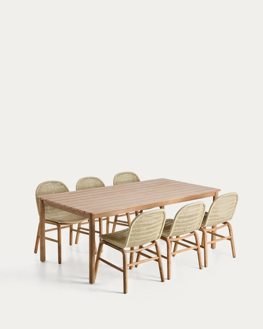 Set de taula Sori de fusta massissa d’acàcia i 6 cadires Alipa de fusta massissa d’acàcia i corda cru 200 x 100 cm FSC 100%