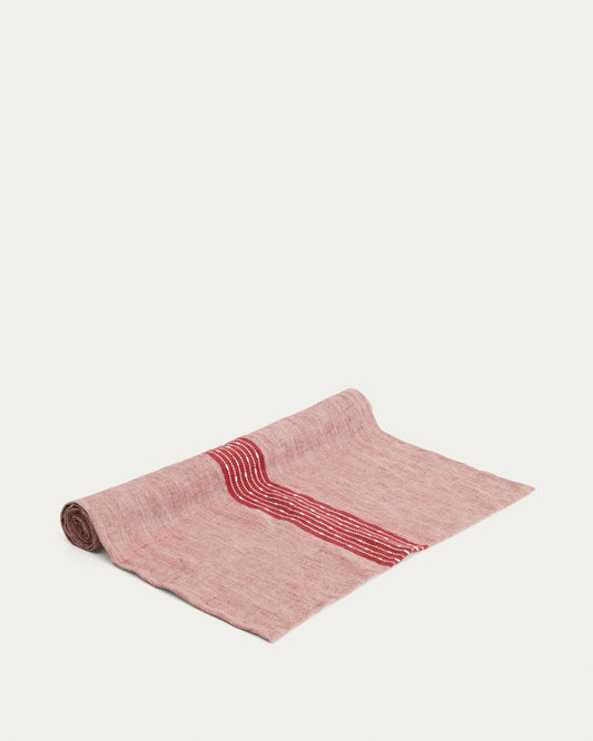 Camino de mesa Calena lino jacquard con raya central rojo 50 x 150 cm