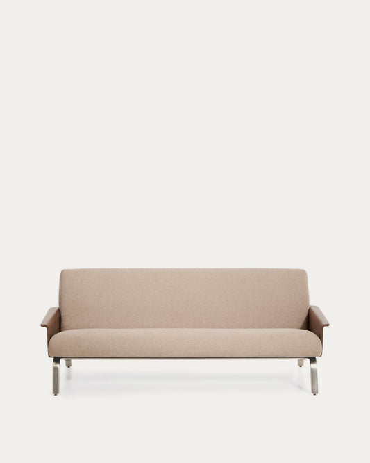 Sofà Amsen marró clar de 3 places de contraxapat de noguera i potes d'acer inoxidable raspallat 205 cm