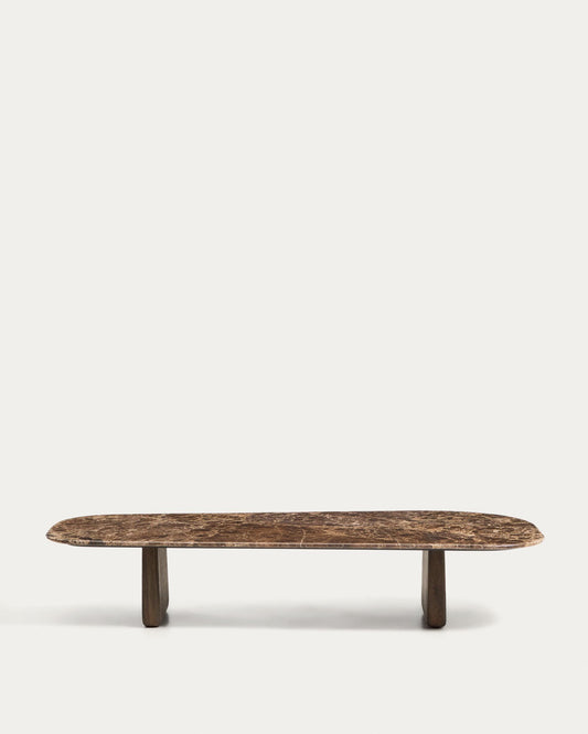 Taula de centre Pirita de marbre marró i potes de fusta massissa de roure amb acabat fosc 147 x 65 cm FSC 100%