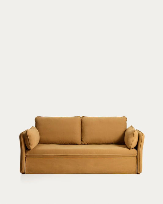 Sofà llit Tanit mostassa i potes de fusta massissa de faig amb acabat natural 210 cm FSC Mix Credit