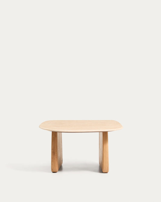 Taula auxiliar Pirita de travertí beix i potes de fusta massissa de roure amb acabat to natural 71 x 70 cm FSC 100%