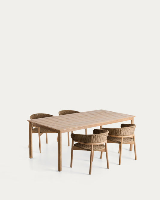 Set de taula Sori de fusta massissa d’acàcia i 4 cadires Arinella de fusta massissa d’acàcia i corda beix 200 x 100 FSC 100%