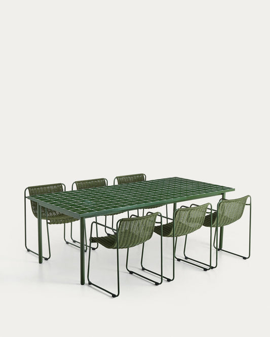 Set Maurina de taula d’acer galvanitzat i rajoles verdes i 6 cadires apilables d’acer galvanitzat i corda verda 223 x 101 cm