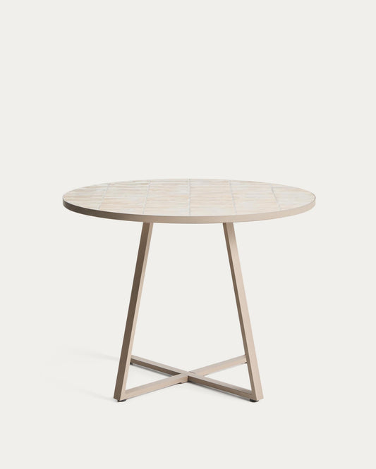 Mesa redonda Tella de acero galvanizado topo y azulejos beige Ø120 cm