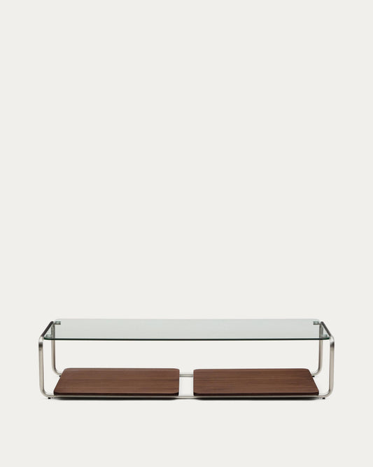 Taula de centre Tarsel de vidre temperat i safata de xapa de noguera amb estructura d'acer inoxidable raspallat 140x60 cm