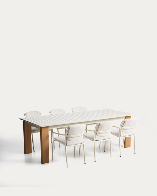 Set de taula extensible Livorno alumini beix i potes efecte fusta i 6 cadires apilables Linosa alumini cru amb coixí beix 233(350)x100 cm
