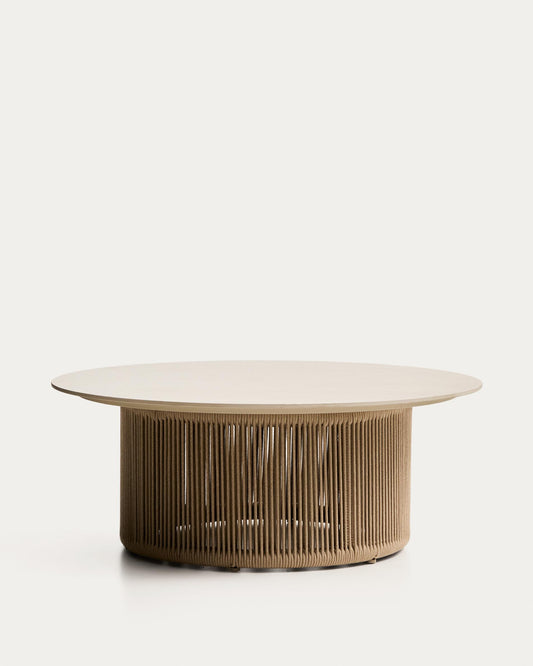 Taula de centre d’exterior Orosei de pedra sinteritzada, alumini cru i corda beige Ø 90 cm