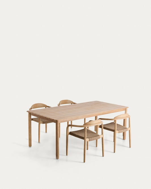 Set de taula Sori de fusta massissa d’acàcia i 4 cadires apilables Nina de fusta massissa d’acàcia i corda beix 200 x 100 FSC 100%