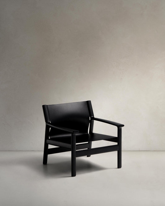 Fauteuil Jan en fibres de cuir recyclé noir et bois de frêne avec finition noire FSC 100 %