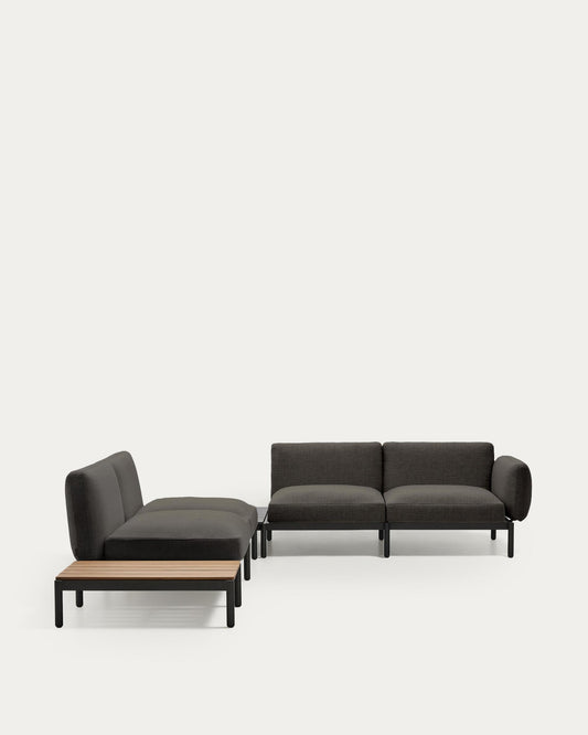 Sofà modular raconer exterior Sorells 4 places entapissat gris i alumini gris taula de teca 353x316,5 cm FSC 100%