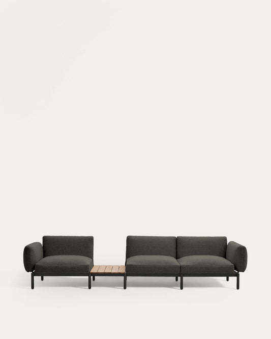 Sofà modular exterior Sorells 3 places entapissat gris i alumini gris amb taula de teca 341x113 cm FSC 100%