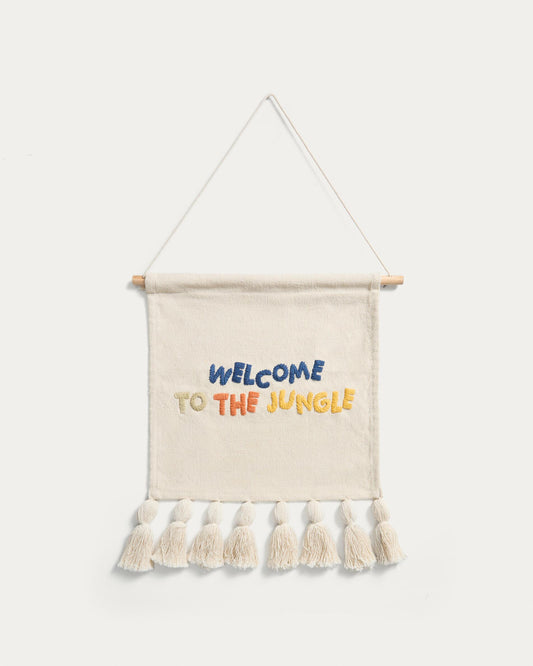 Tapís mural Tandani de cotó beix amb lletres multicolor i serrells 40 x 50 cm