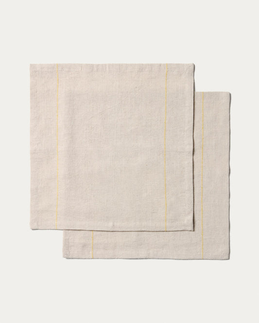 Conjunt Ulaen de 2 tovallons de cotó i lli beix amb ratlles grogues 35 x 35 cm