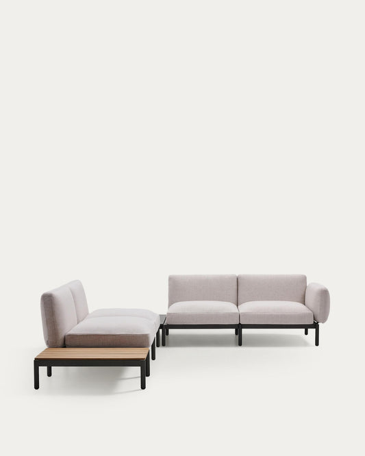 Sofà modular raconer exterior Sorells 4 places entapissat beix i alumini gris taula de teca 353x316,5 cm FSC 100%