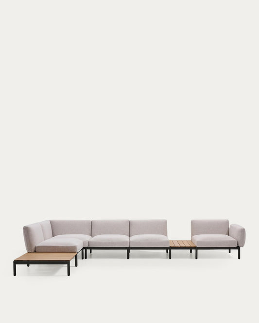 Sofà modular raconer exterior Sorells 5 places entapissat beix i alumini gris amb taules de teca 277 x 446 cm FSC 100%