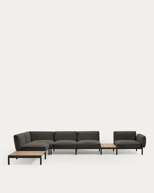 Sofà modular raconer exterior Sorells 5 places entapissat gris i alumini gris amb taules de teca 277x446 cm FSC 100%