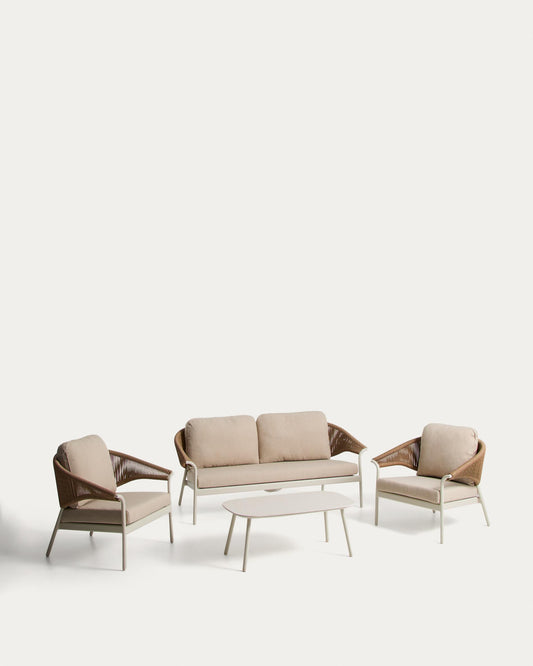 Set Zuara de sofá 3 plazas, 2 sillones y mesa de centro de exterior de aluminio crudo y cuerda sintética marrón