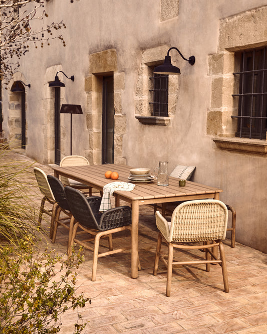 Set de taula Sori de fusta massissa d’acàcia i 6 cadires Alipa de fusta massissa d’acàcia i corda cru 200 x 100 cm FSC 100%