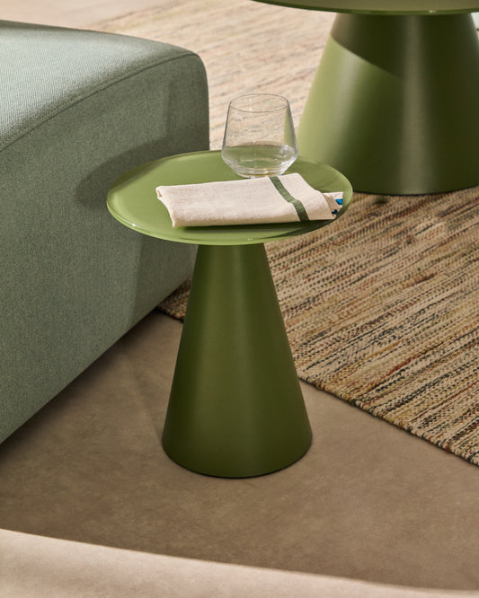 Taula auxiliar Wilshire vidre temperat glacejat i acer amb acabat pintat verd mat Ø30 cm