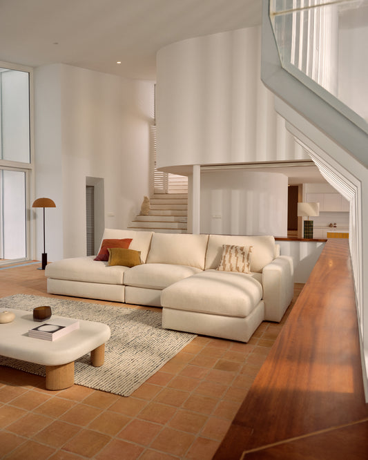 Canapé modulable déhoussable Alea 5 places avec méridienne droite chenille écrue 340 cm