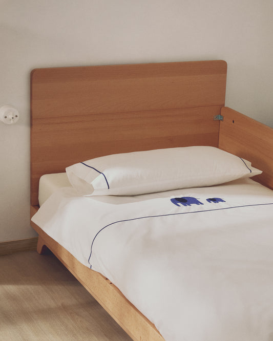 Conjunt Tandari fundes nòrdica i de coixí de cotó percala beix brodat elefant llit 70 cm