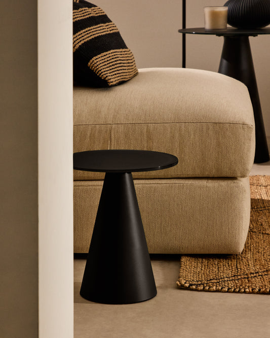 Mesa auxiliar Wilshire vidrio templado glaseado y acero acabado pintado negro mate Ø30cm