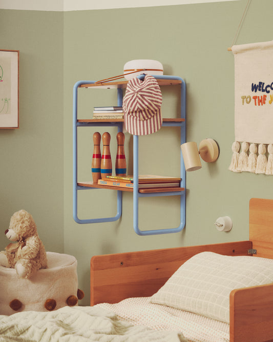 Étagère Tinn en placage de frêne et structure en métal bleu 70 x 60 cm