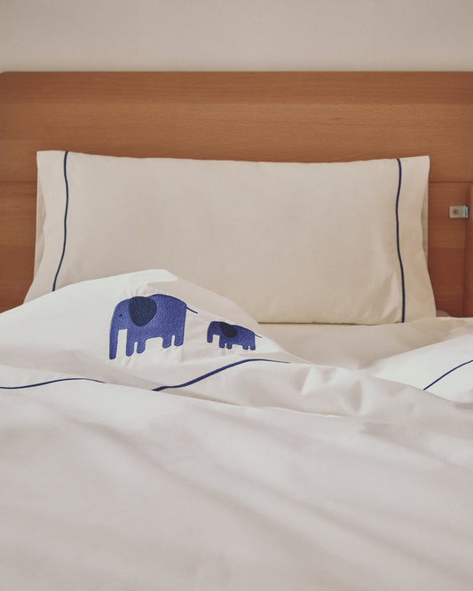 Conjunt Tandari fundes nòrdica i de coixí cotó percala beix brodat elefant bressol evolutiu