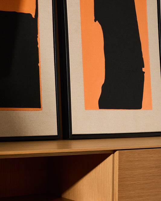 Tableau abstrait Zernu en lin orange et noir peint à la main 42 x 65 cm