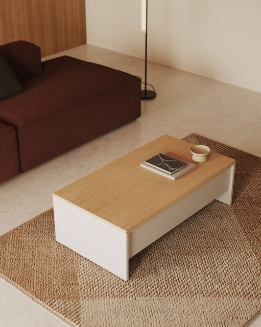Taula de centre elevable Abilen de xapa de roure i lacat blanc 110 x 60 cm FSC 100%