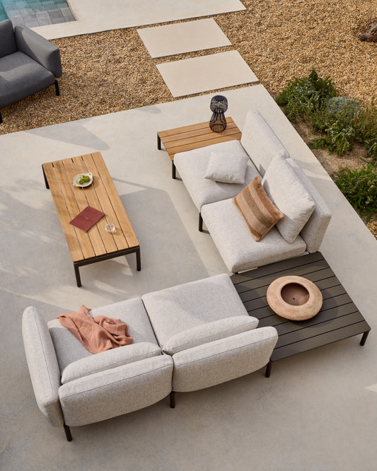 Sofà modular raconer exterior Sorells 4 places entapissat beix i alumini gris taula de teca 353x316,5 cm FSC 100%