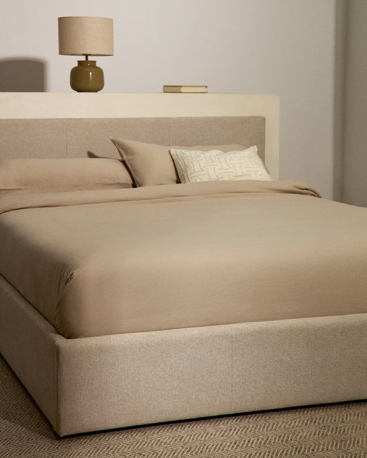 Cama con canapé abatible Nahiri chenilla beige para colchón de 150 x 200 cm
