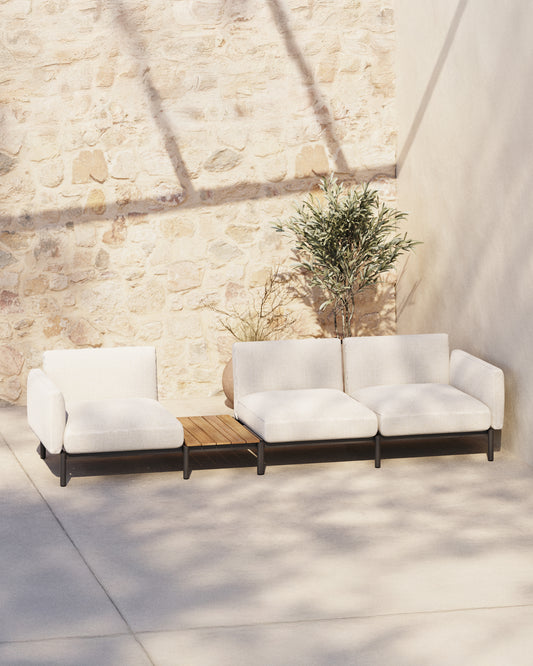 Sofà modular exterior Sorells 3 places entapissat beix i alumini gris amb taula de teca 341x113 cm FSC 100%