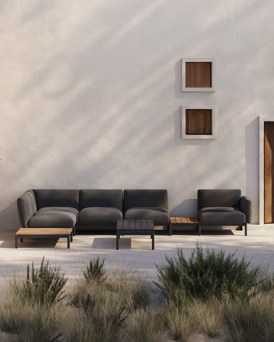 Sofà modular raconer exterior Sorells 5 places entapissat gris i alumini gris amb taules de teca 277x446 cm FSC 100%