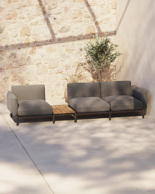 Sofà modular exterior Sorells 3 places entapissat gris i alumini gris amb taula de teca 341x113 cm FSC 100%