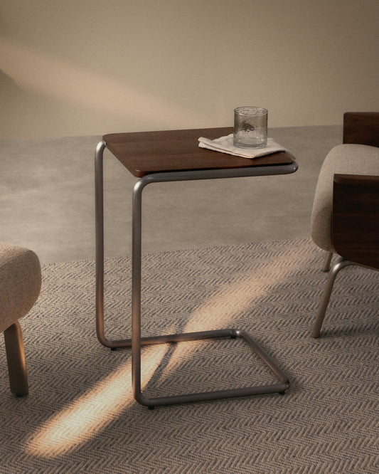 Taula auxiliar Tarsel de xapa de noguera amb estructura d'acer inoxidable raspallat 42x60 cm