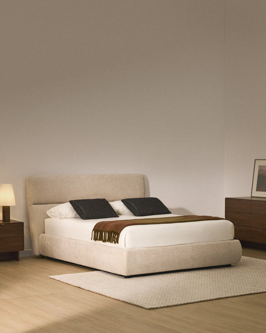 Llit desenfundable amb canapè abatible Dafra de xenilla beix per a matalàs de 180 x 200 cm
