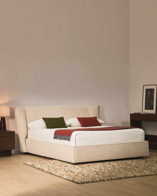 Llit desenfundable amb canapè abatible Arvian de xenilla beix per a matalàs de 180 x 200 cm