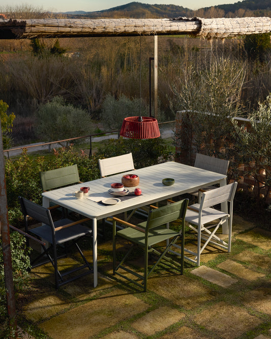 Set de taula extensible Brela d’alumini cru i 6 cadires apilables Canea d’alumini cru i texteline beix 205(287)x100 cm