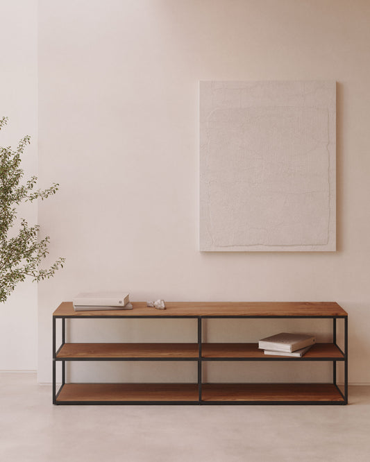 Moble TV Yoana de xapa de roure i estructura de metall blanc 160 x 40 cm