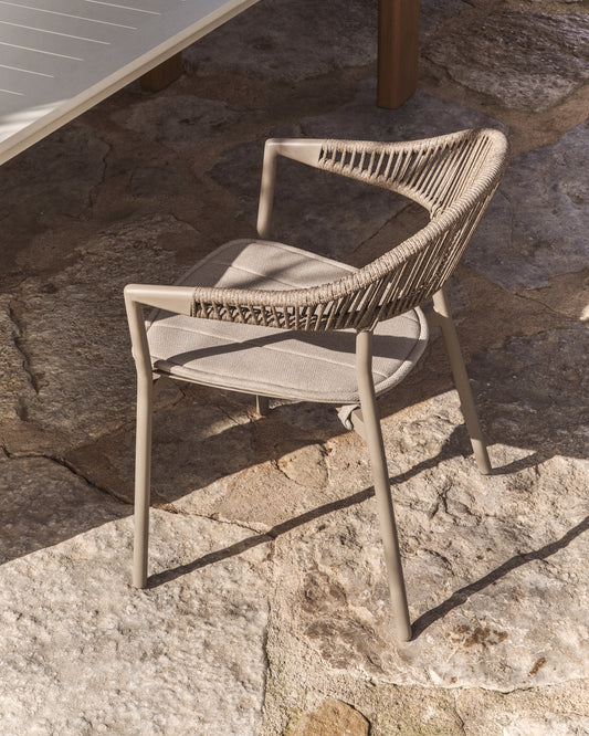 Set de taula extensible Livorno d’alumini topo i 6 cadires Alimia d’alumini topo i corda sintètica marró 233 (350) x 100 cm