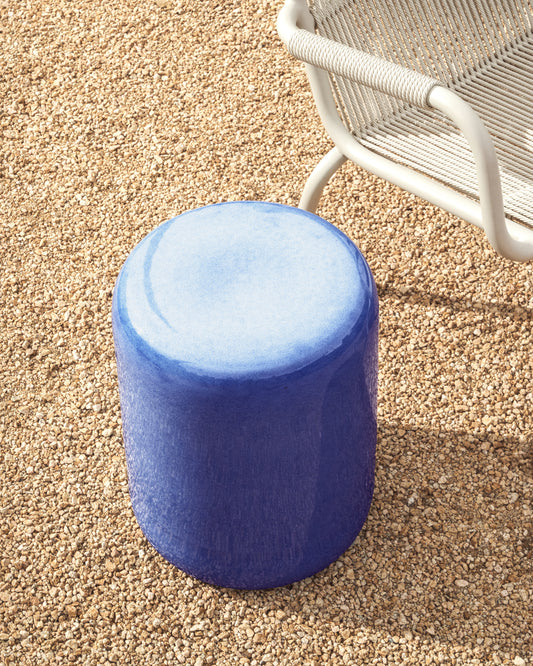 Taula auxiliar exterior Mesquida de ceràmica amb acabat blau esmaltat Ø 35 cm