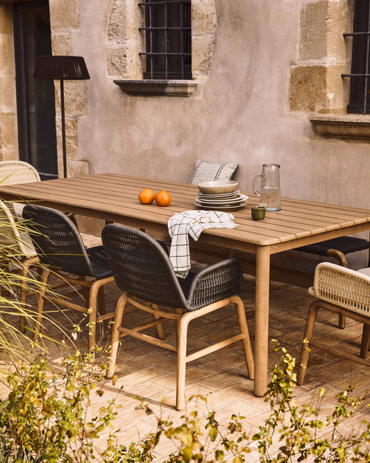 Set de taula Sori de fusta massissa d’acàcia i 6 cadires Alipa de fusta massissa d’acàcia i corda grafit 200 x 100 cm FSC 100%