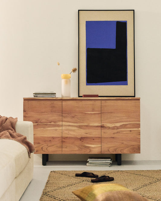 Aparador Uxue 3 portes de fusta massissa d'acàcia amb acabat blanquejat 150x8 cm