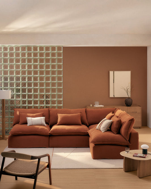 Sofà raconer modular desenfundable Anarela 6 places de lli terracota 327 x 217 / 217 x 327 cm FSC Mix Credit