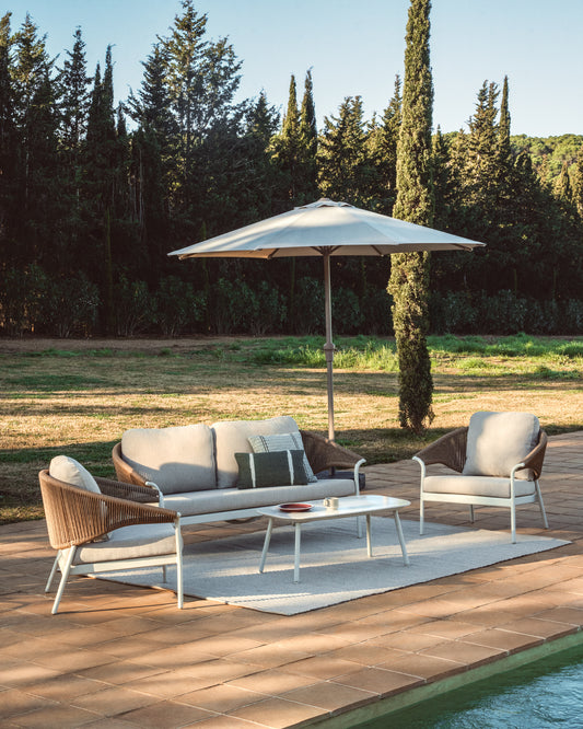 Set Zuara de sofá 3 plazas, 2 sillones y mesa de centro de exterior de aluminio crudo y cuerda sintética marrón
