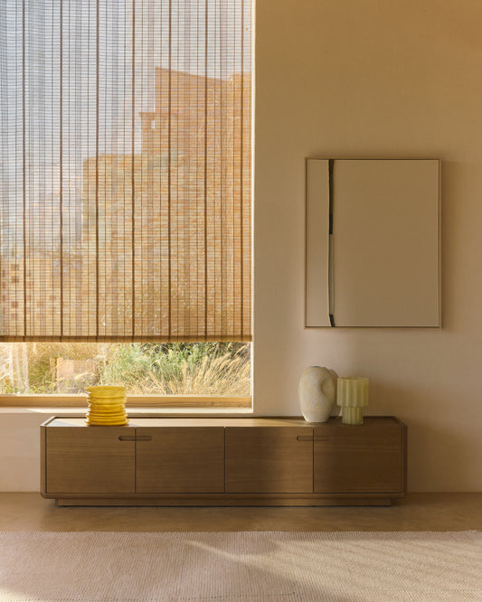 Moble TV Arelida de xapa i fusta massissa de roure amb acabat marró clar 200 x 44 cm FSC Mix Credit
