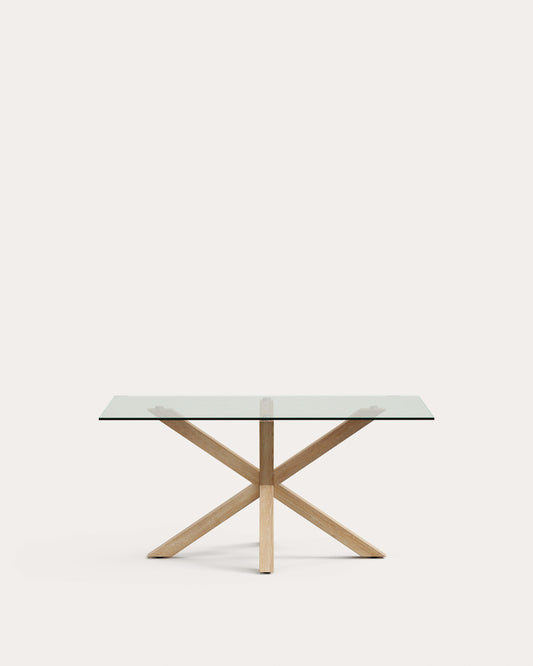 Taula Argo de cristall i potes d'acer efecte fusta 160 x 90 cm