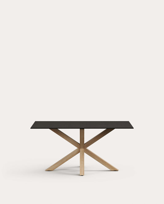 Taula Argo de vidre negre mat i potes d'acer amb efecte fusta 160 x 90 cm